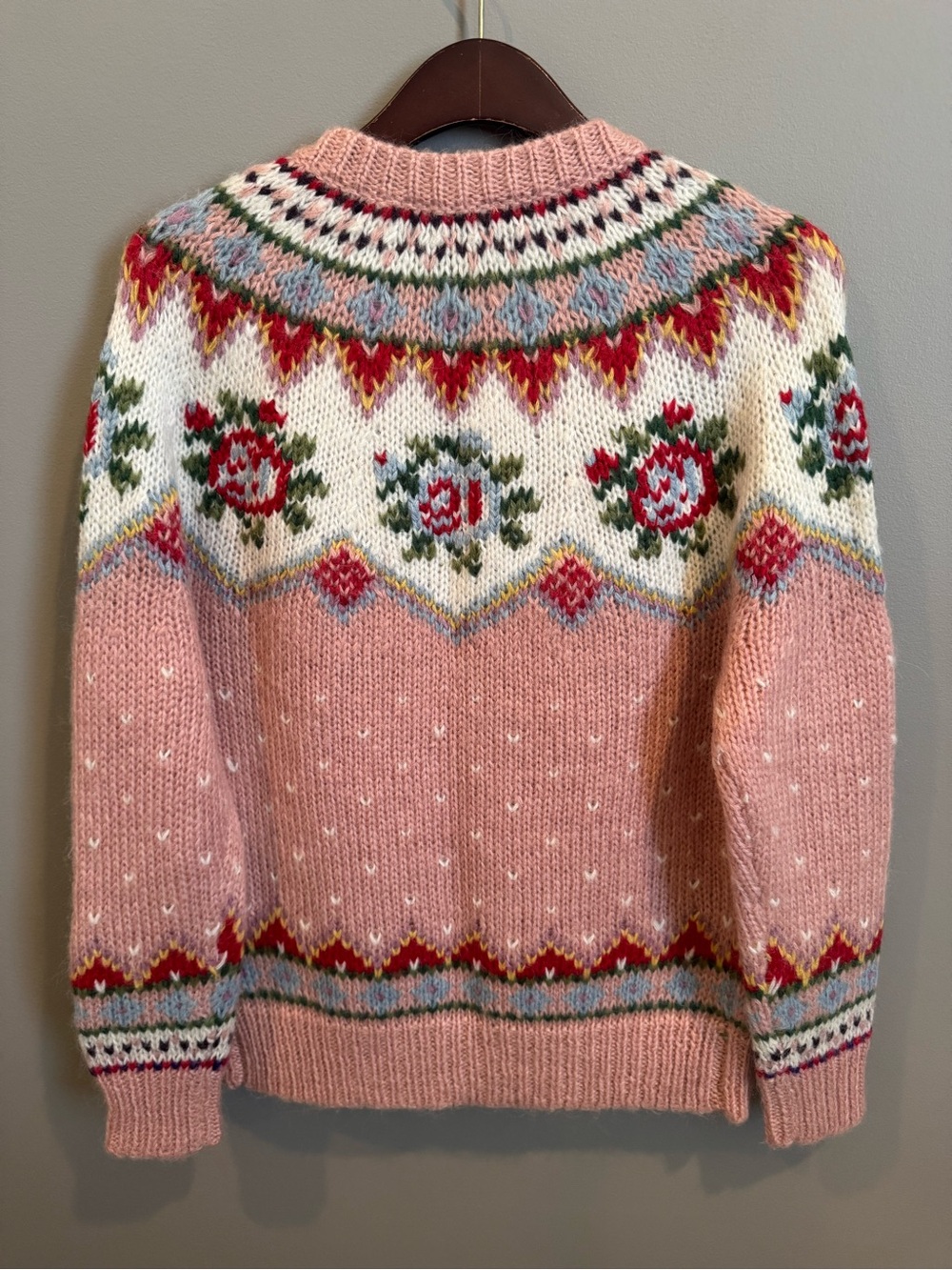 Sundance Cottage Rose Fair Isle Pink Wool Button Down Knit Cardigan Small - Picture 3 of 3